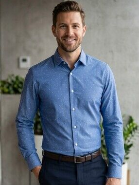 NORDSTROM Tech Smart Men's Blue Micro Geometric Pattern Long Sleeve Dress Shirt